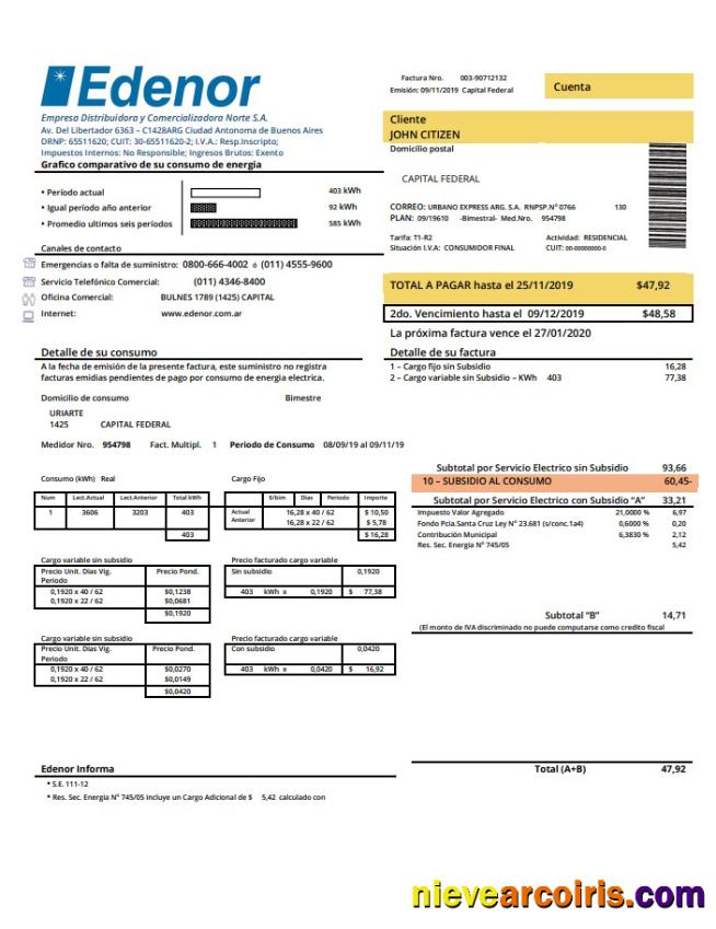 Argentina Edenor utility bill